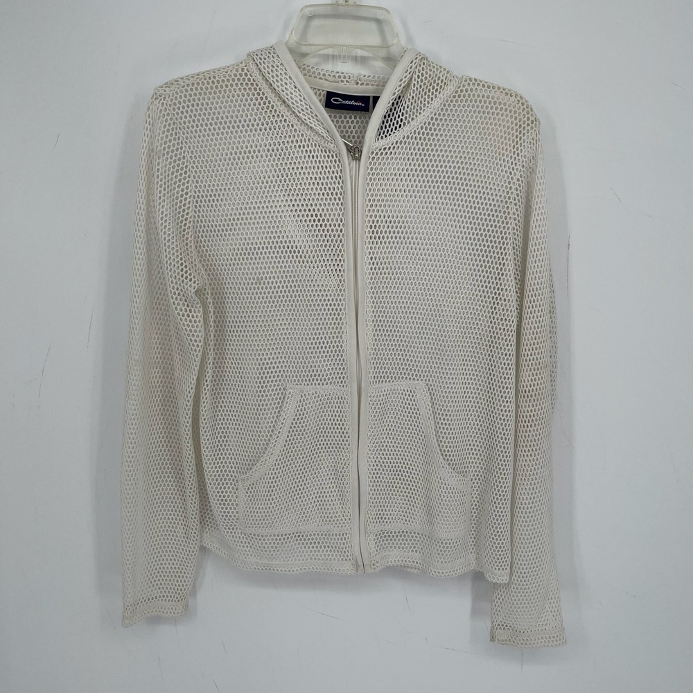 Catalina Women's Y2K White Mesh Full Zip Hoodie Beach Pool Swim Cover Up Size L
